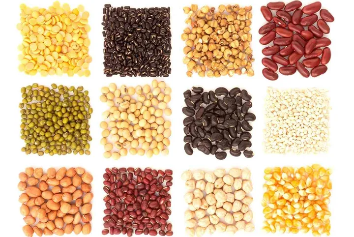Assortment of beans and lentils in wooden spoon with wood box macadamia isolated on white . mung bean groundnut soybean red kidney bean black bean red bean and brown pinto beans .

